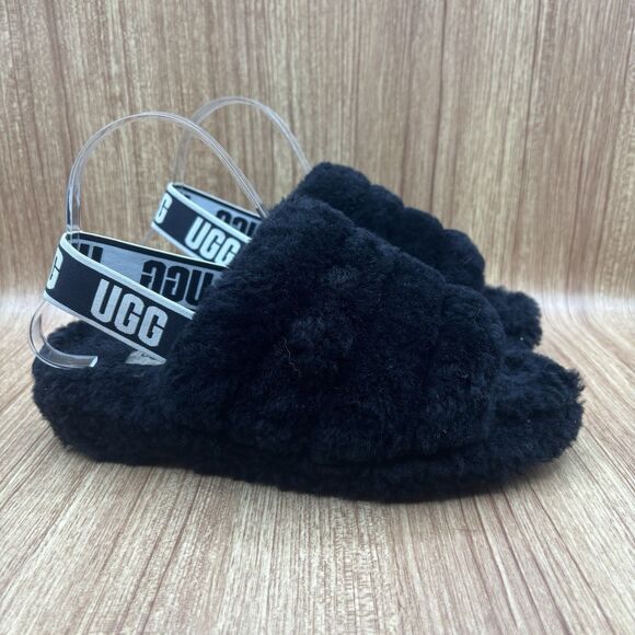 UGG ‘Fluff Yeah’ Black Sheepskin Platform Slide Sandal Women’s Size 8 Slippers - Picture 1 of 8